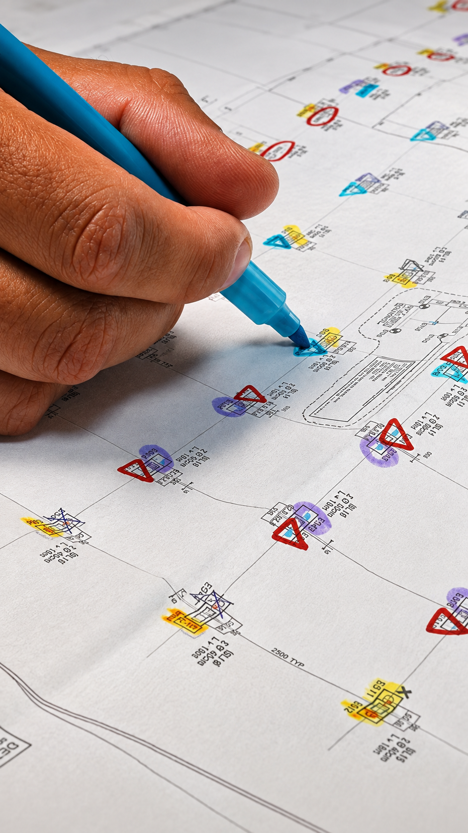 Mão faz marcações coloridas em um desenho técnico impresso